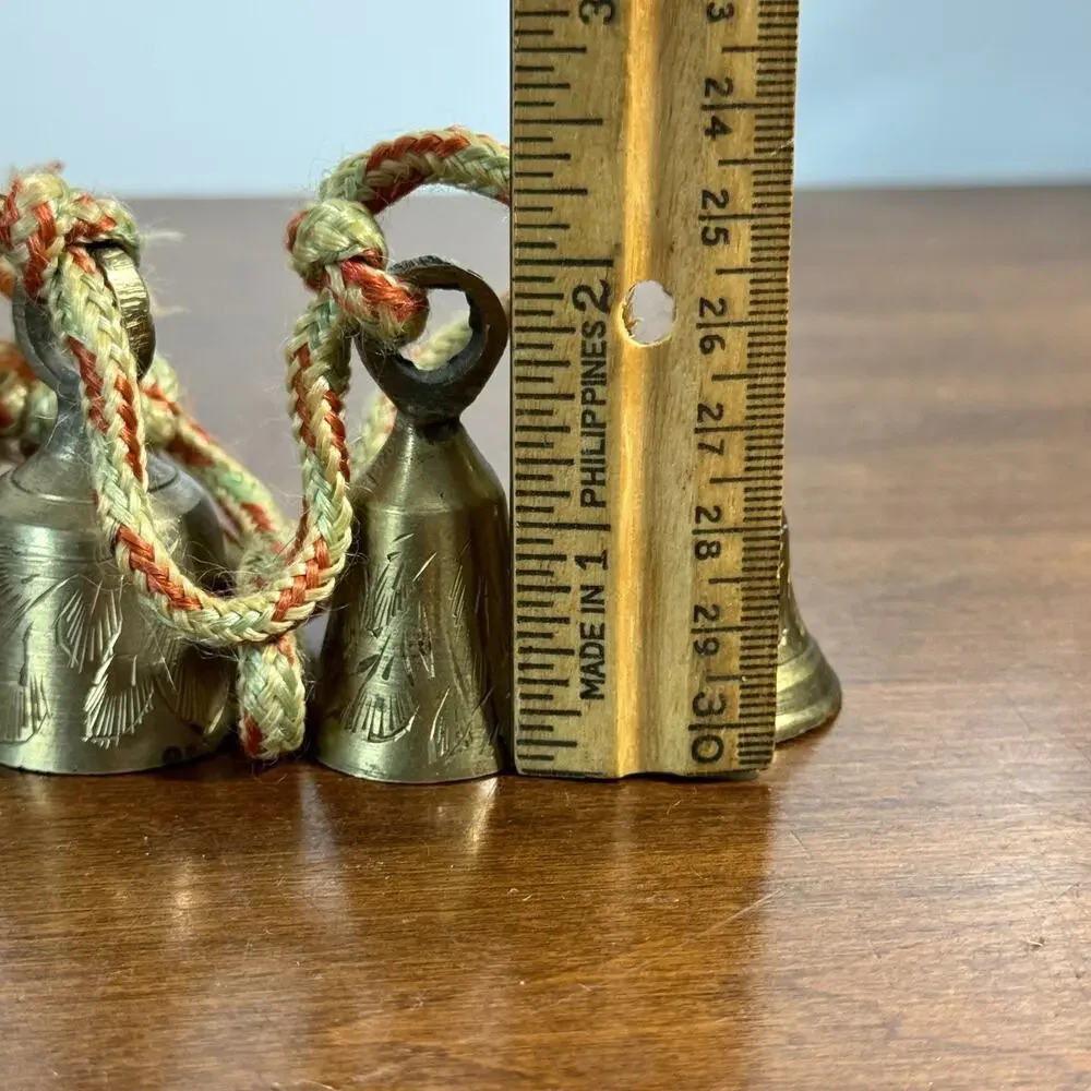 Vintage India Graduated Brass Bells with Knotted Rope Cord Set of 4